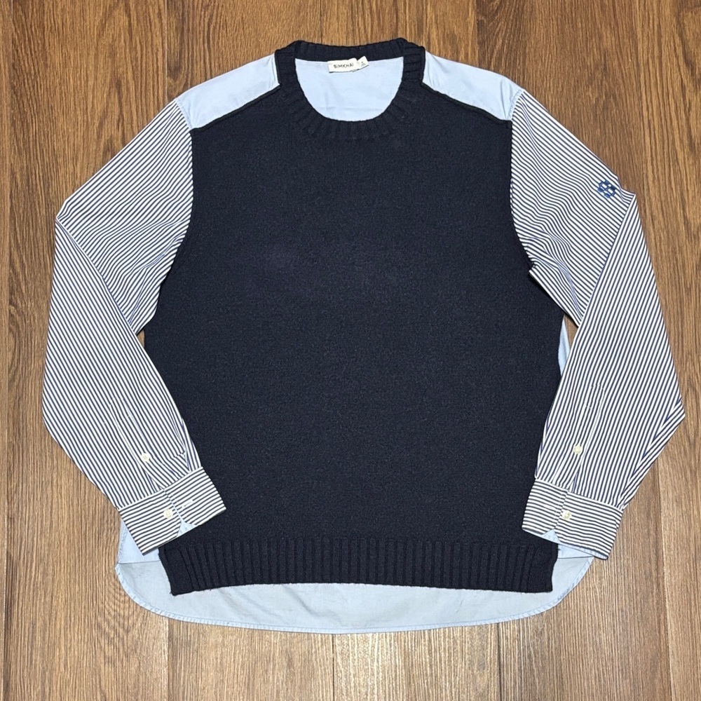 SIMKHAI Benji Layered Combo Sweater Shirt Blue Stripe Top M